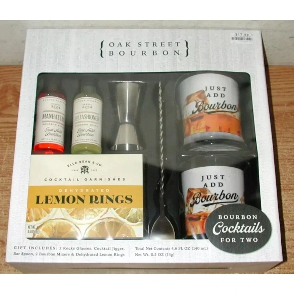 OAK STREET BOURBON COCKTAILS FOR TWO GIFT SET NEW includes Glasses, Jiggers, Mix